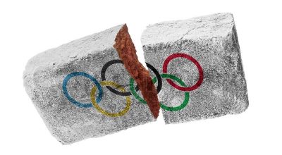 Gebroken baksteen met de Olympische ringen